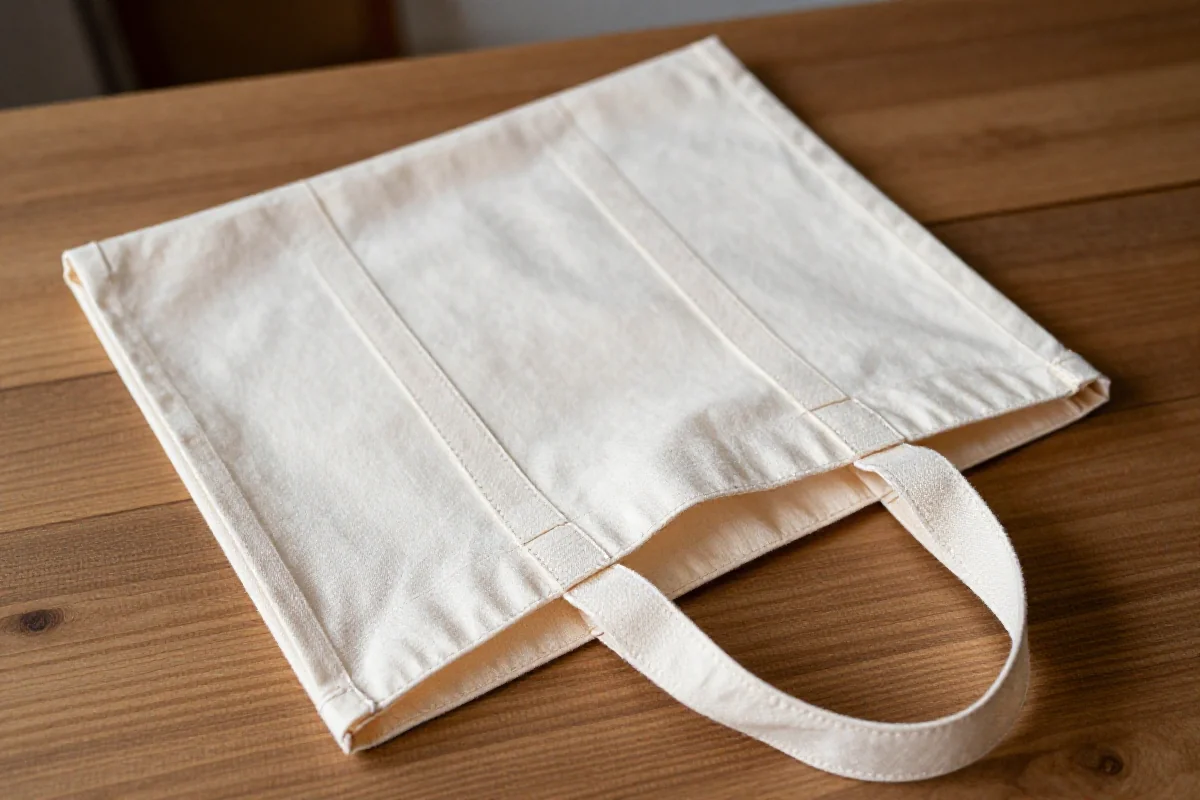 Torba shopperka z naturalnej bawełny na drewnianym stole, z eleganckim wykończeniem.