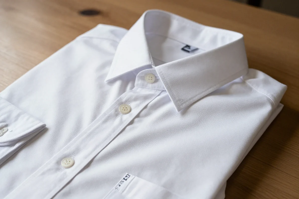 Biała koszula z haftowanymi inicjałami na drewnianym stole, stylizacja DIY.