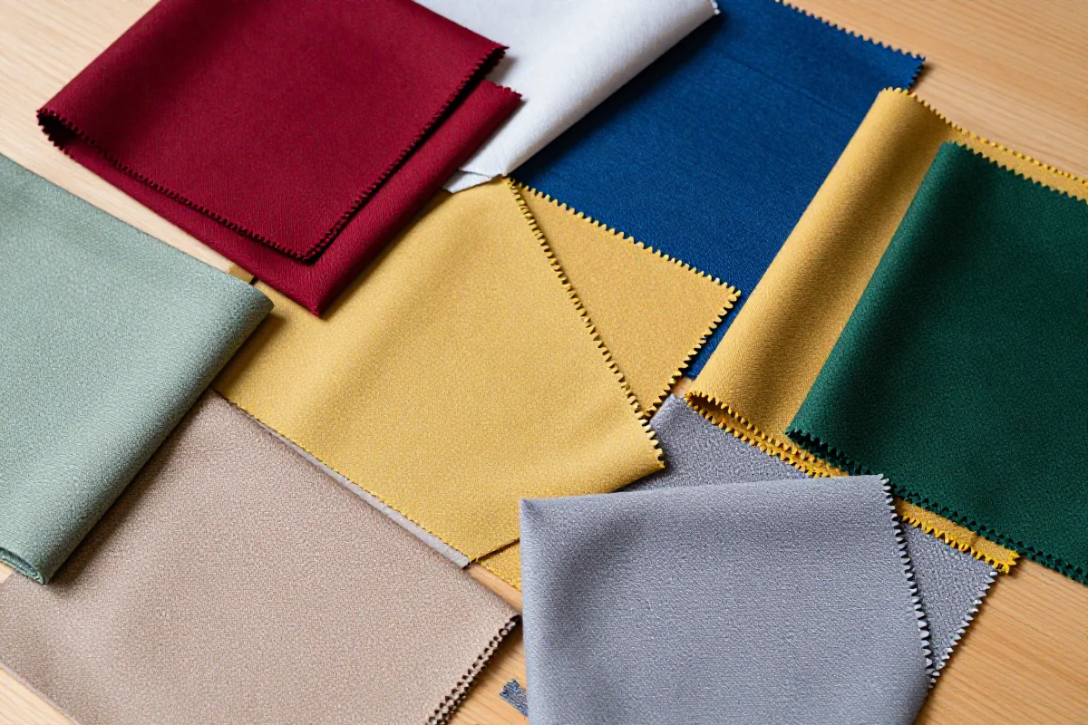 Różnorodne próbki tkanin w harmonijnej palecie kolorów na jasnym tle.