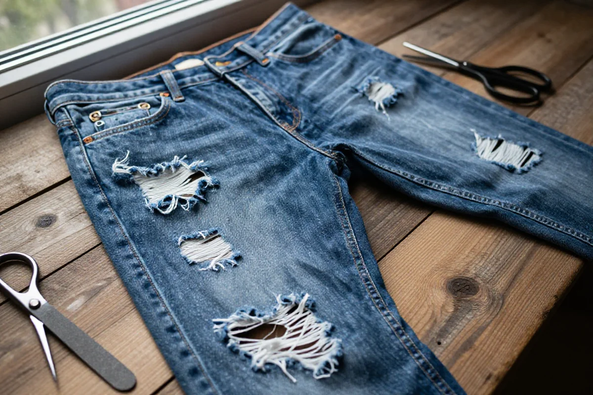 Dziurawe jeans na drewnianym stole, narzędzia do przeróbek obok.