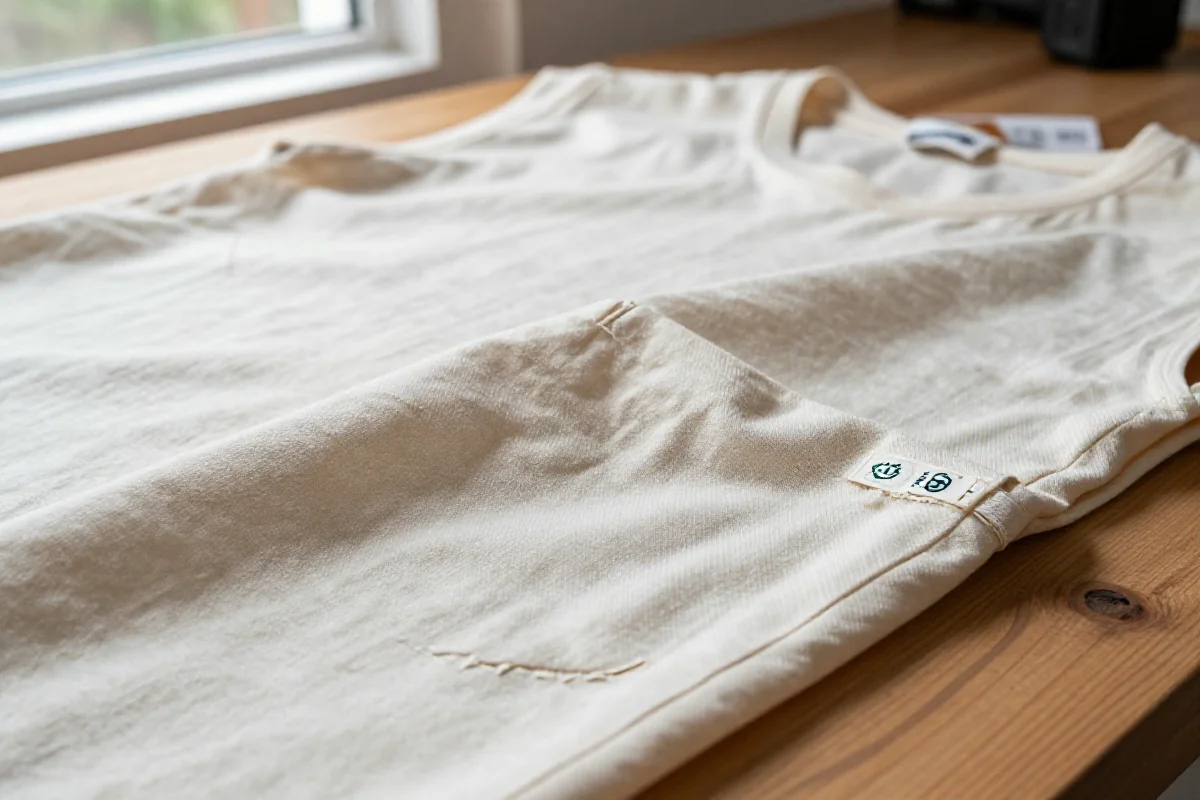 Zrównoważona moda: ekologiczna odzież z bawełny organicznej na drewnianym stole.