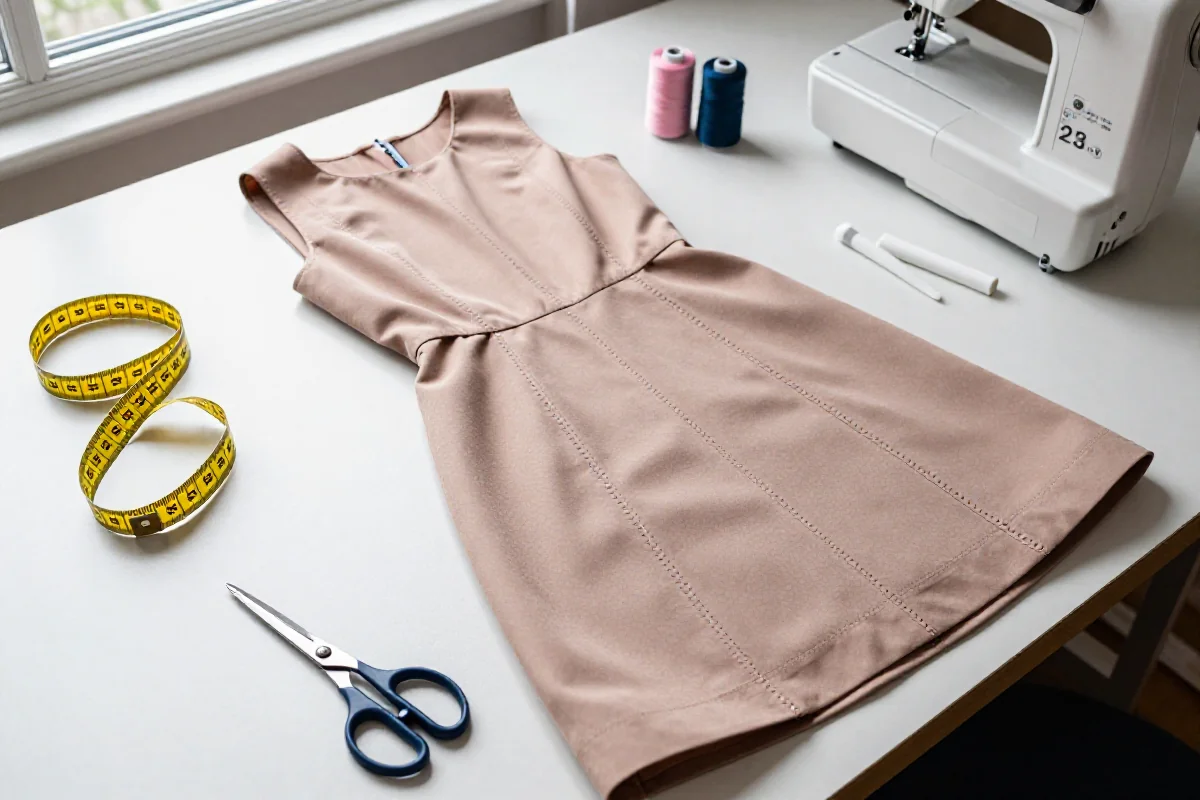 Sukienka na stole krawieckim, narzędzia do zwężania sukienki, pastelowy materiał.