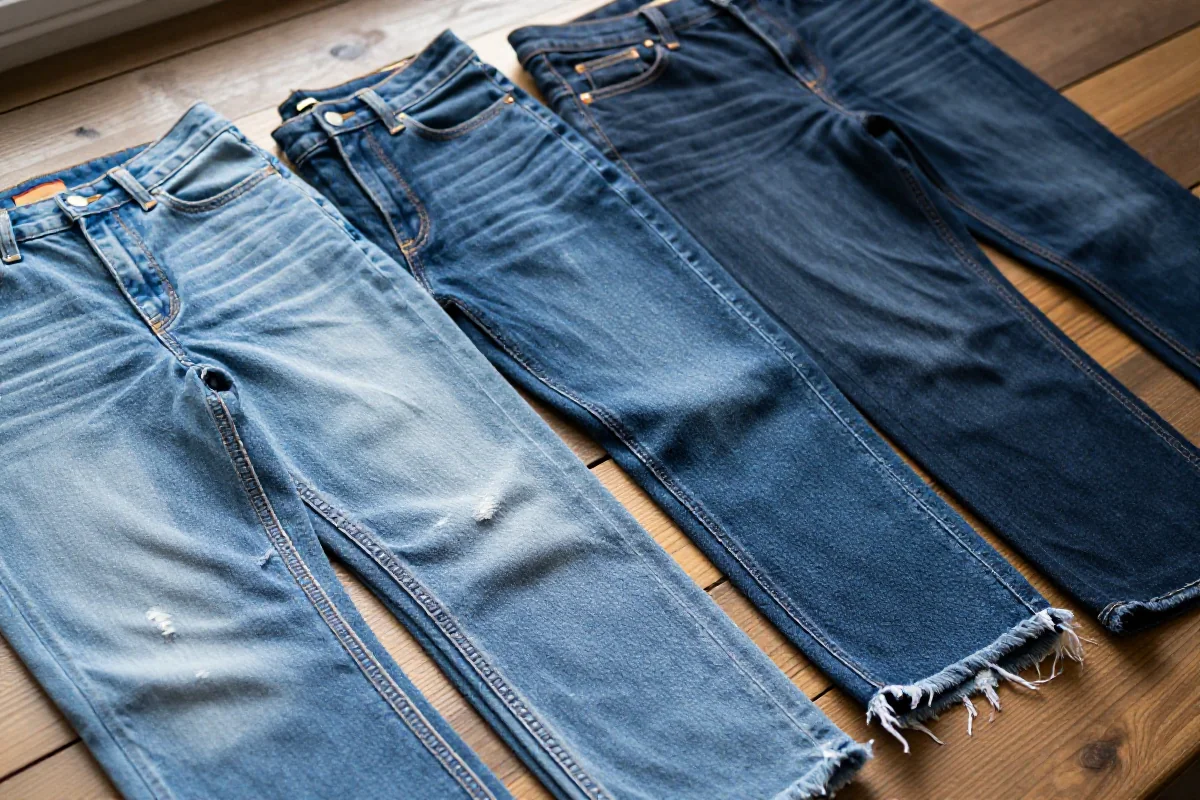 Różne modele dżinsów damskich na drewnianej powierzchni, różne odcienie denim.