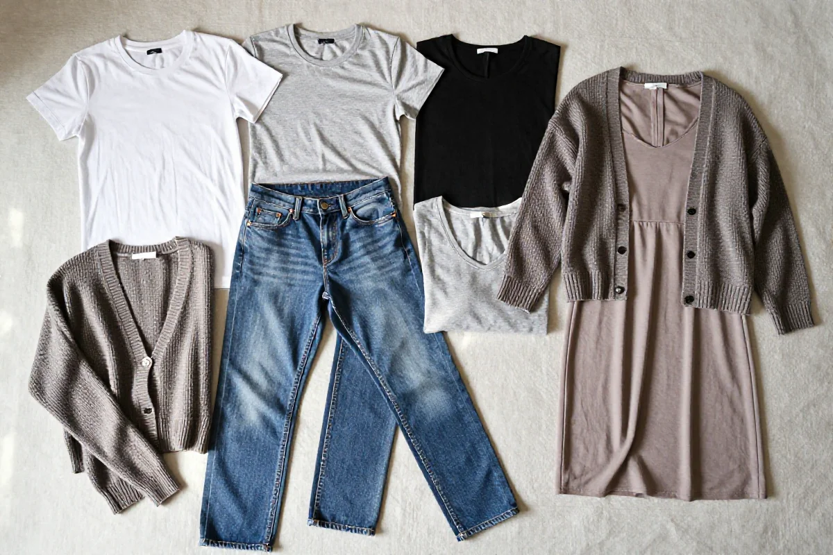 Stylowe elementy kapsuły garderoby casual: t-shirty, jeansy, sweter i sukienka.