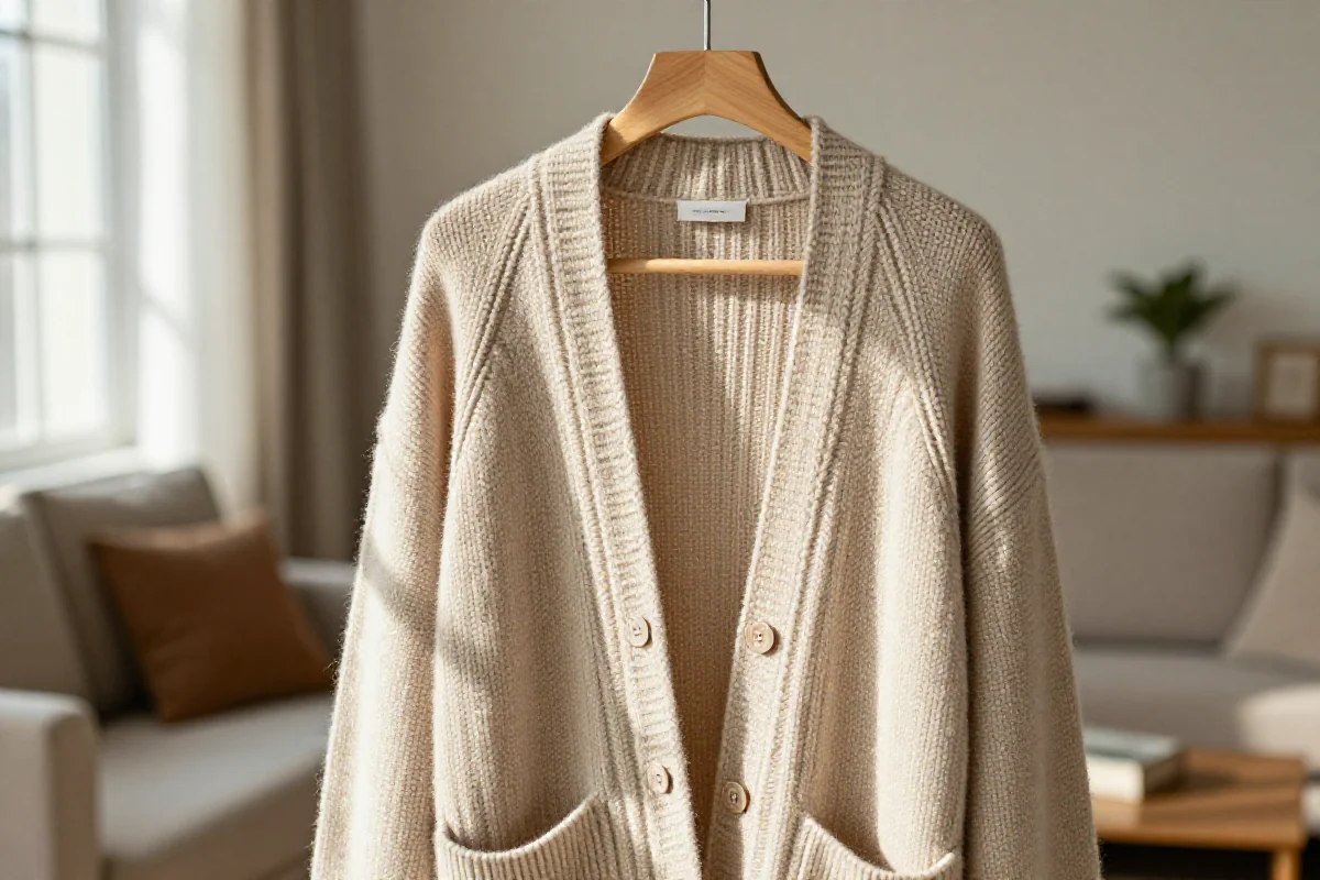 Beżowy kardigan z wełny na wieszaku w przytulnym wnętrzu