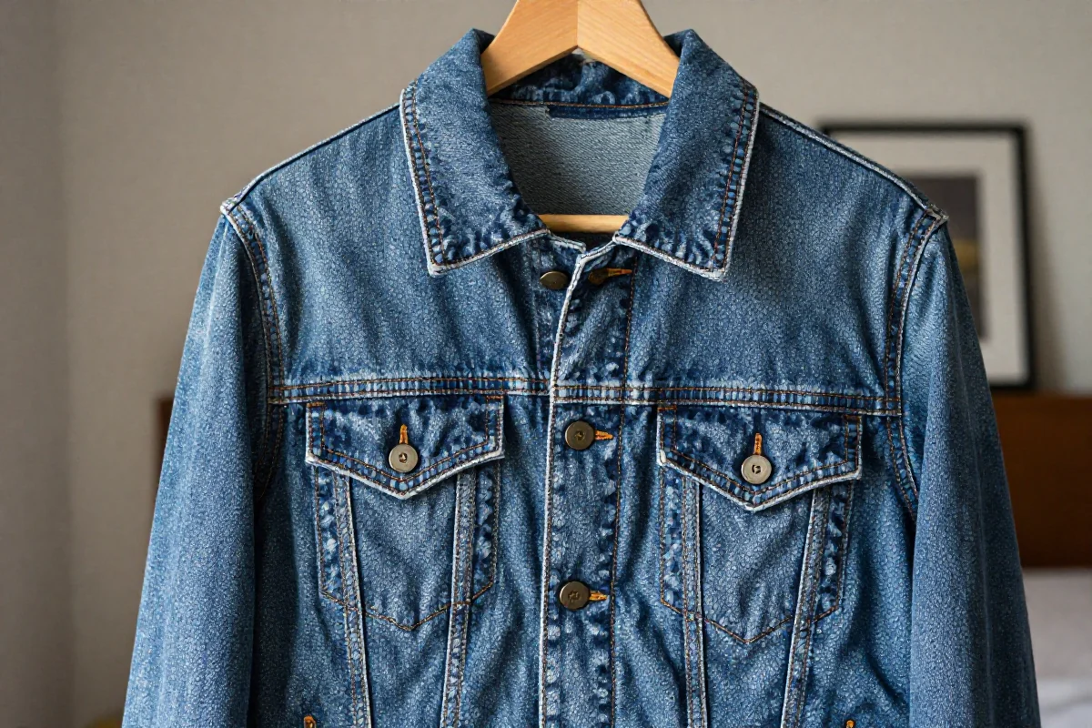 Stylowa katana jeansowa na drewnianym wieszaku w przytulnym otoczeniu.