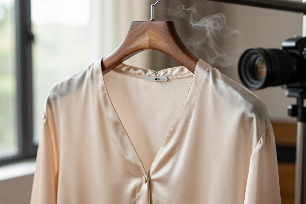 Delikatna bluzka z jedwabiu wygładzana parą w oświetlonym pomieszczeniu.