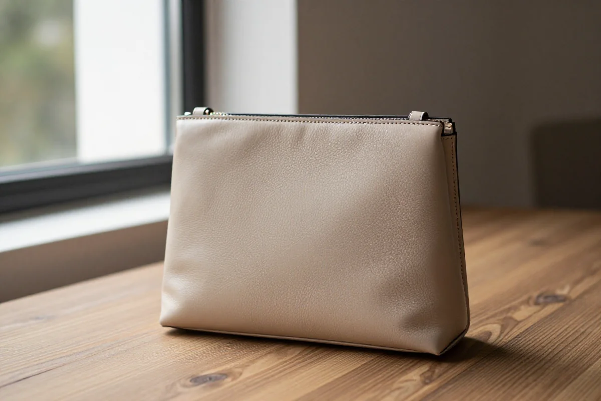 Klasyczna torebka w neutralnym kolorze na drewnianym tle.