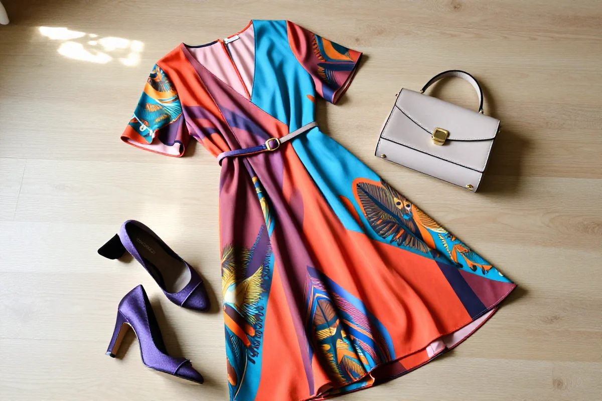 Klasyczna sukienka kopertowa z dodatkami na jasnym tle