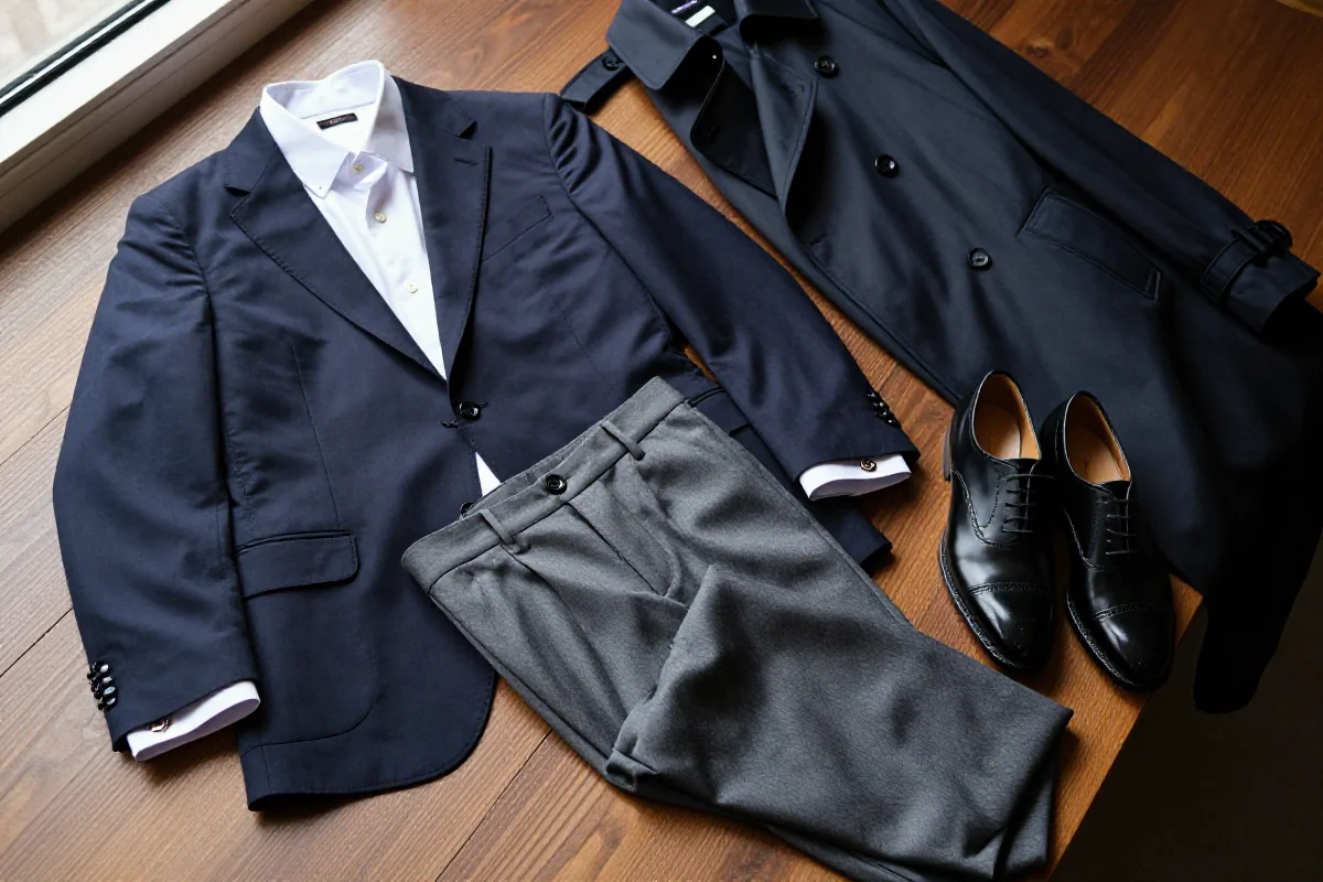 Styl klasyczny w modzie, granatowa marynarka, biała koszula i eleganckie buty.