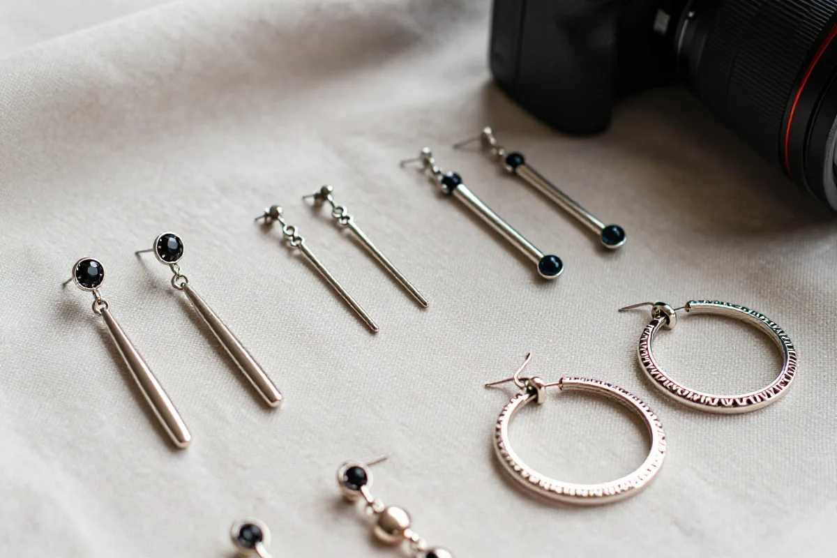 Różnorodne kolczyki damskie na tle tkaniny, podkreślające ich unikalny styl.
