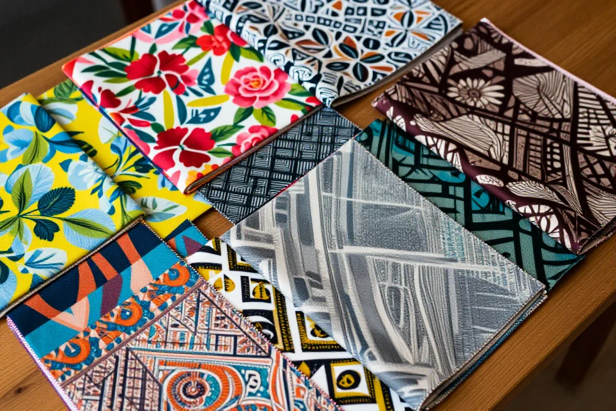 Wzory i kolory materiałów w modzie damskiej na drewnianym stole.