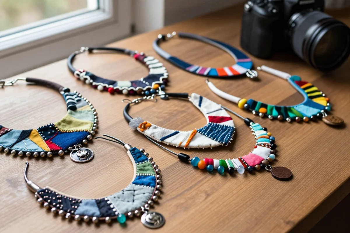 Ręcznie robione korale z tkaniny na drewnianym stole, różnorodne kolory i wzory.