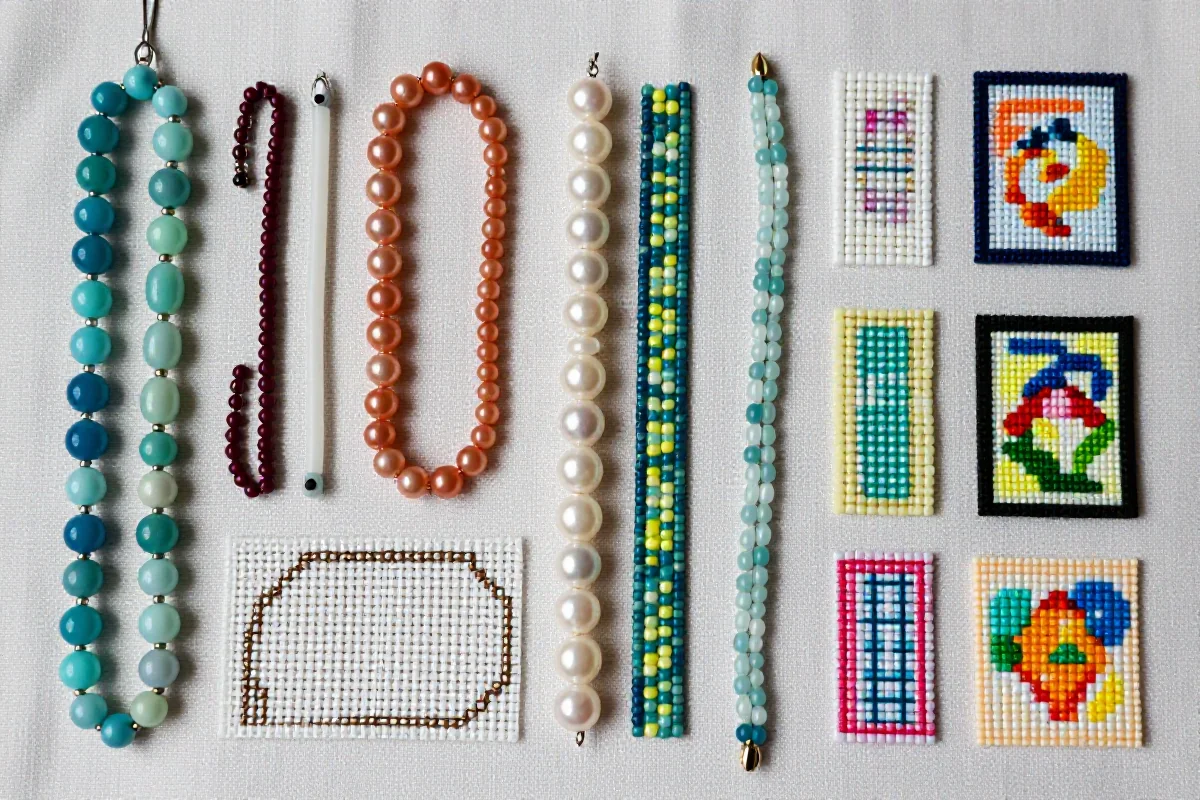 Koraliki i perły na tle tkaniny, techniki haftowania, DIY ozdoby