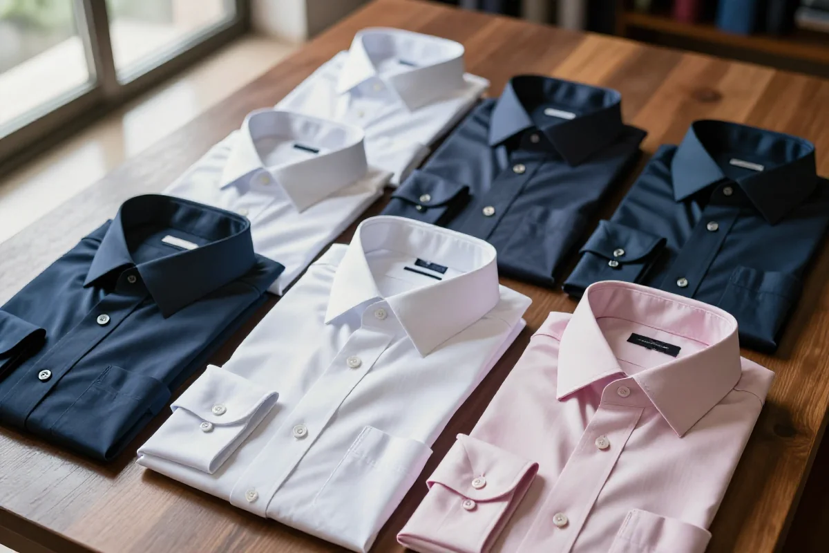 Dopasowane koszule na drewnianym stole, podkreślające elegancki krój i tkaniny.
