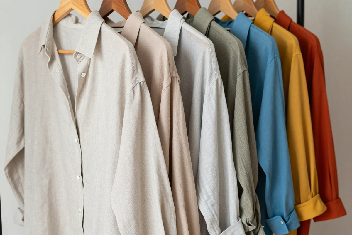 Kolekcja koszul oversize na wieszaku, różne fasony i materiały.