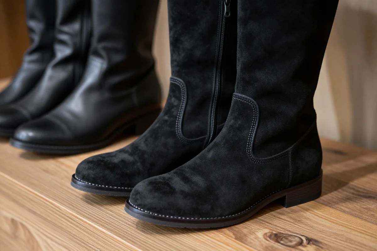 Płaskie kozaki na drewnianej powierzchni, z nubuku, z zamkiem i przeszyciami.