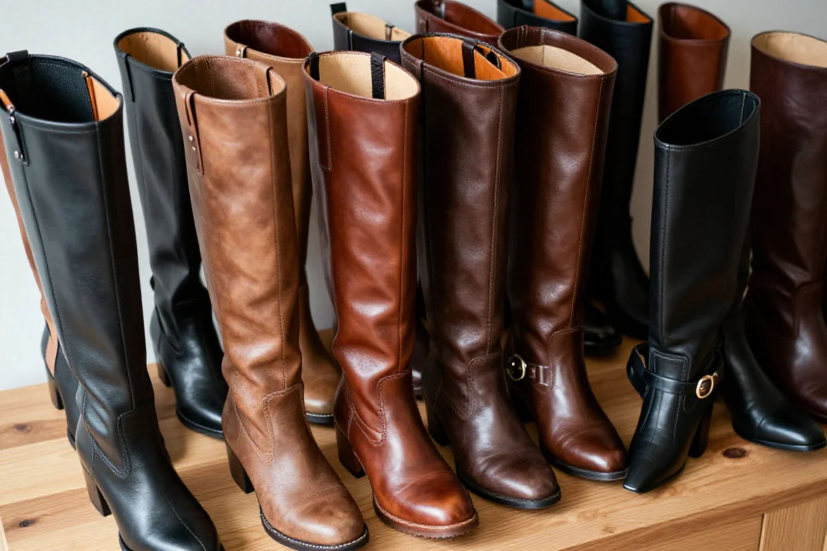 Stylowe kozaki na drewnianej powierzchni, różne materiały i fasony.