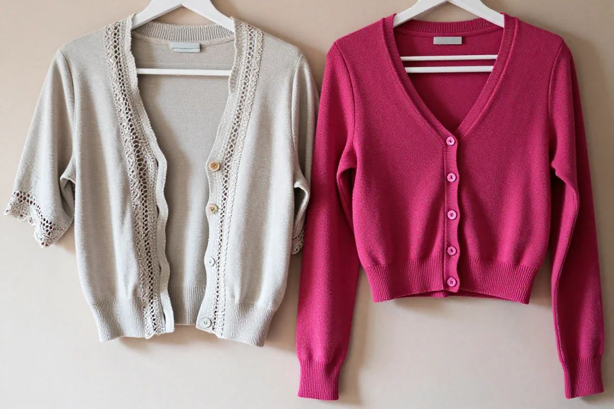 Dwóch krótkich kardiganów: bolero i crop w pastelowych i intensywnych kolorach.