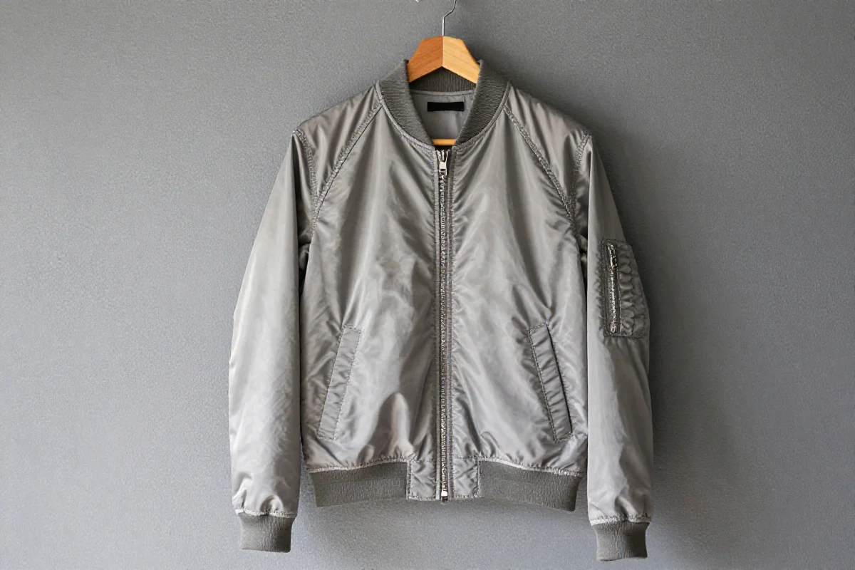 Stylowa kurtka bomberka na wieszaku, prezentująca modny fason i detale.