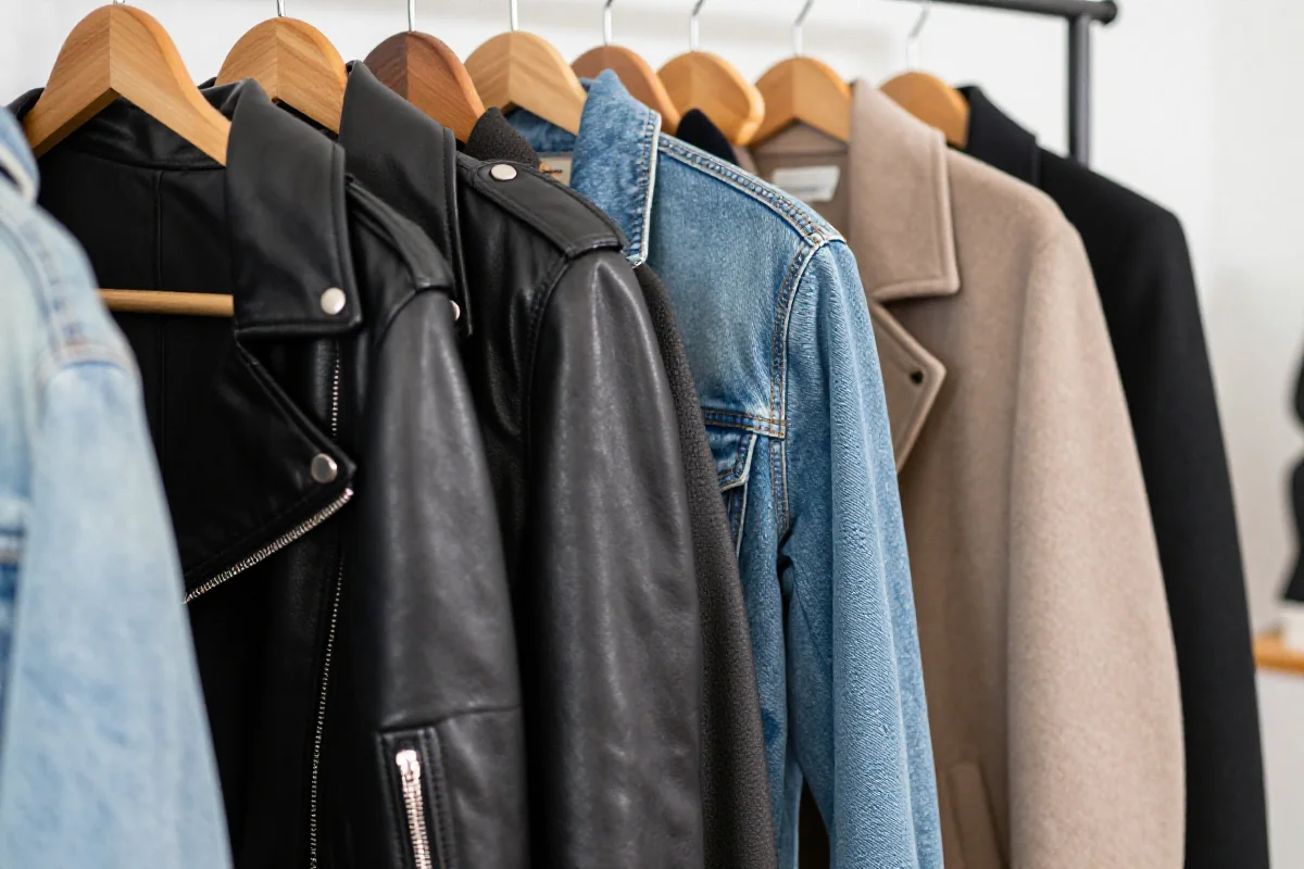 Różnorodne kurtki i płaszcze damskie na wieszaku, różne tekstury i style.