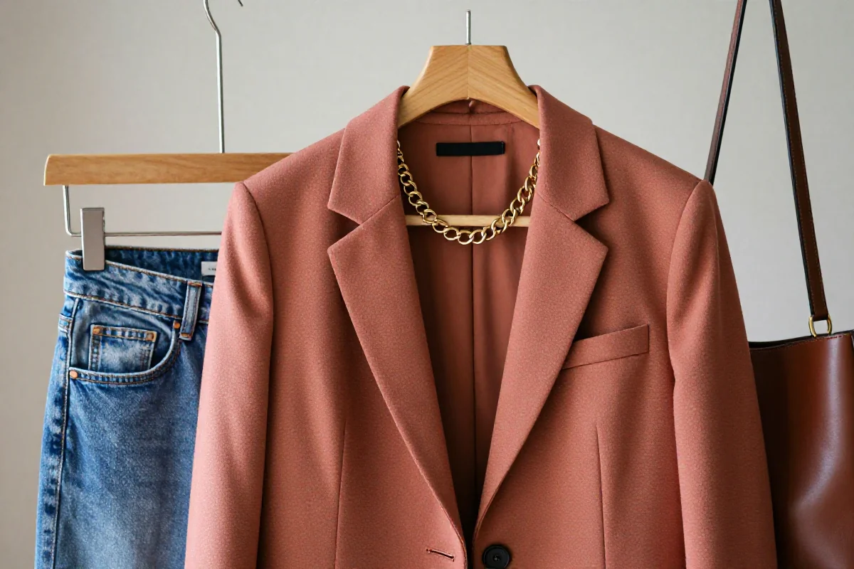 Eklektyczny styl ubrań z mieszanką elegancji i casualu na wieszaku.
