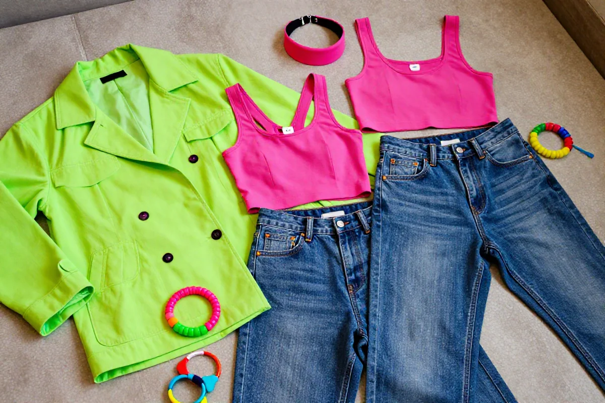 Stylizacja mody lat 80. z neonowymi kolorami i akcesoriami.