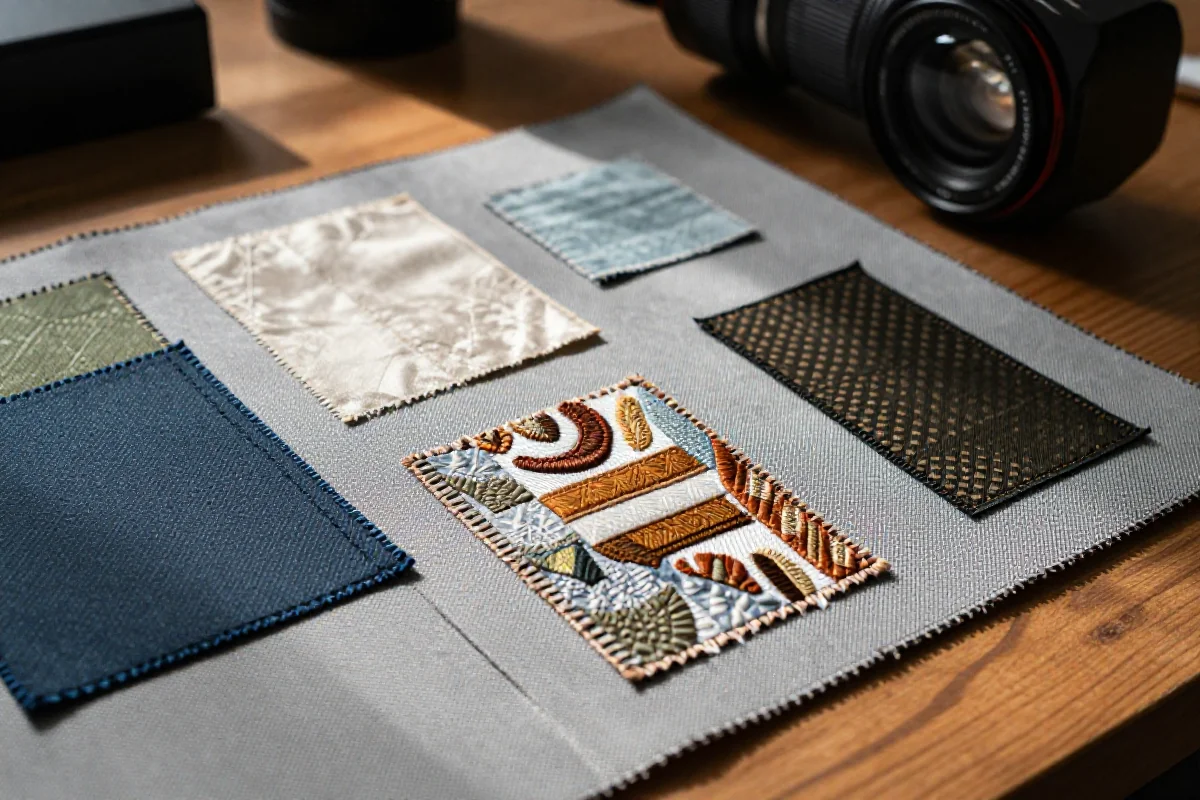 Wzory łat do naprawy odzieży na drewnianym stole, różne tkaniny i tekstury.