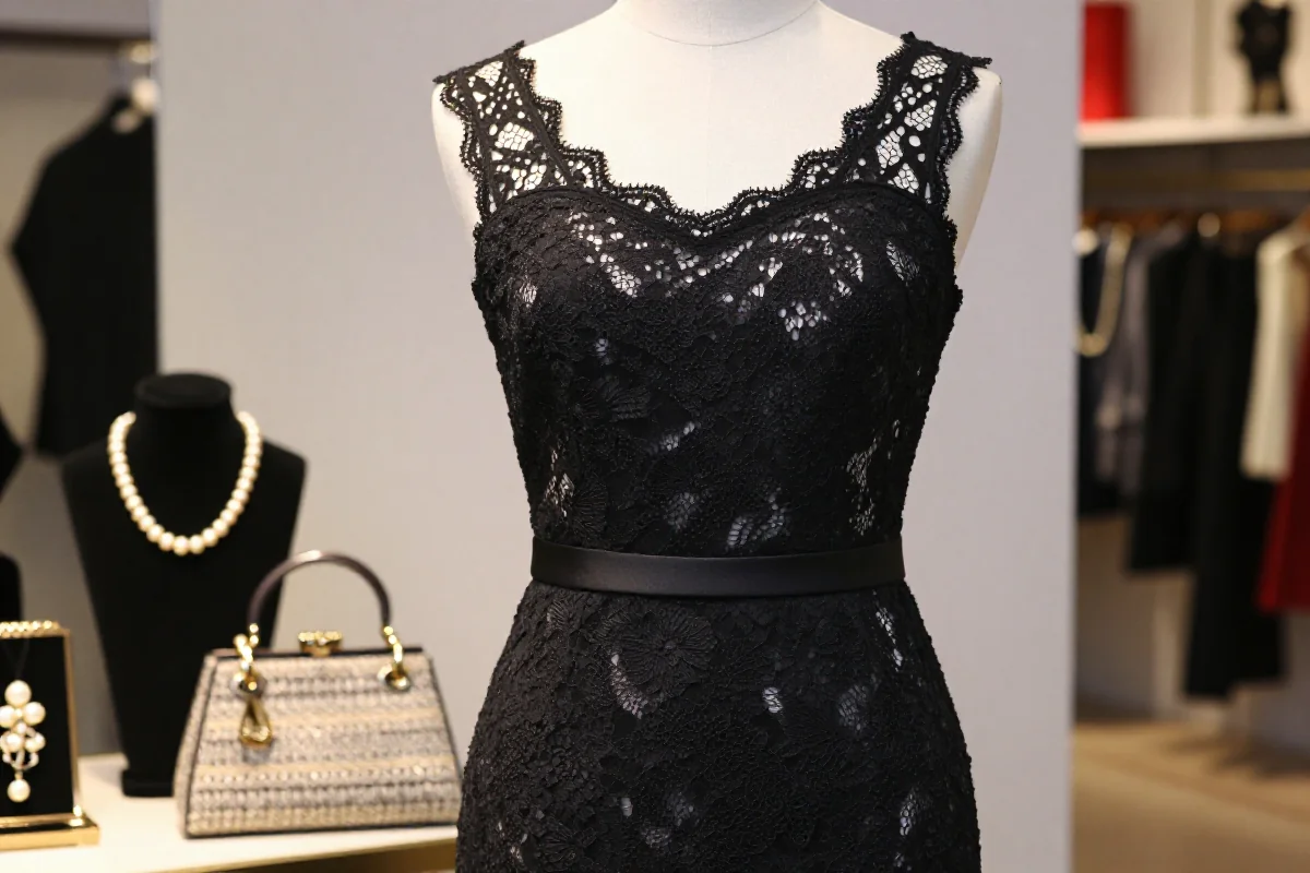 Elegancka mała czarna sukienka z dodatkami w butiku mody.