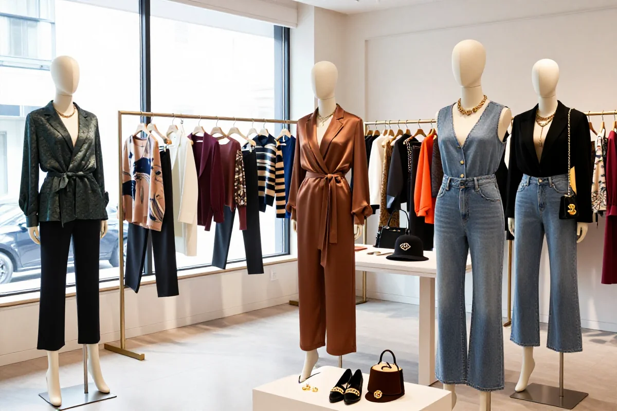Stylowe ubrania i akcesoria w eleganckim butiku podczas London Fashion Week.
