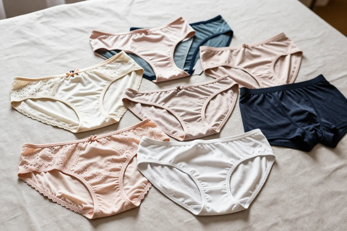 Różne kroje majtek damskich na tle miękkiego materiału