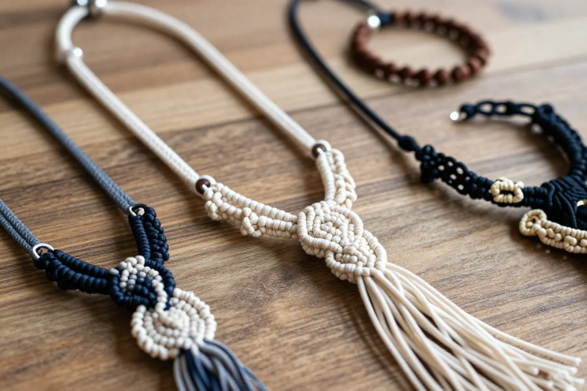 Ręcznie robiona biżuteria makrama na drewnianym tle, styl boho.
