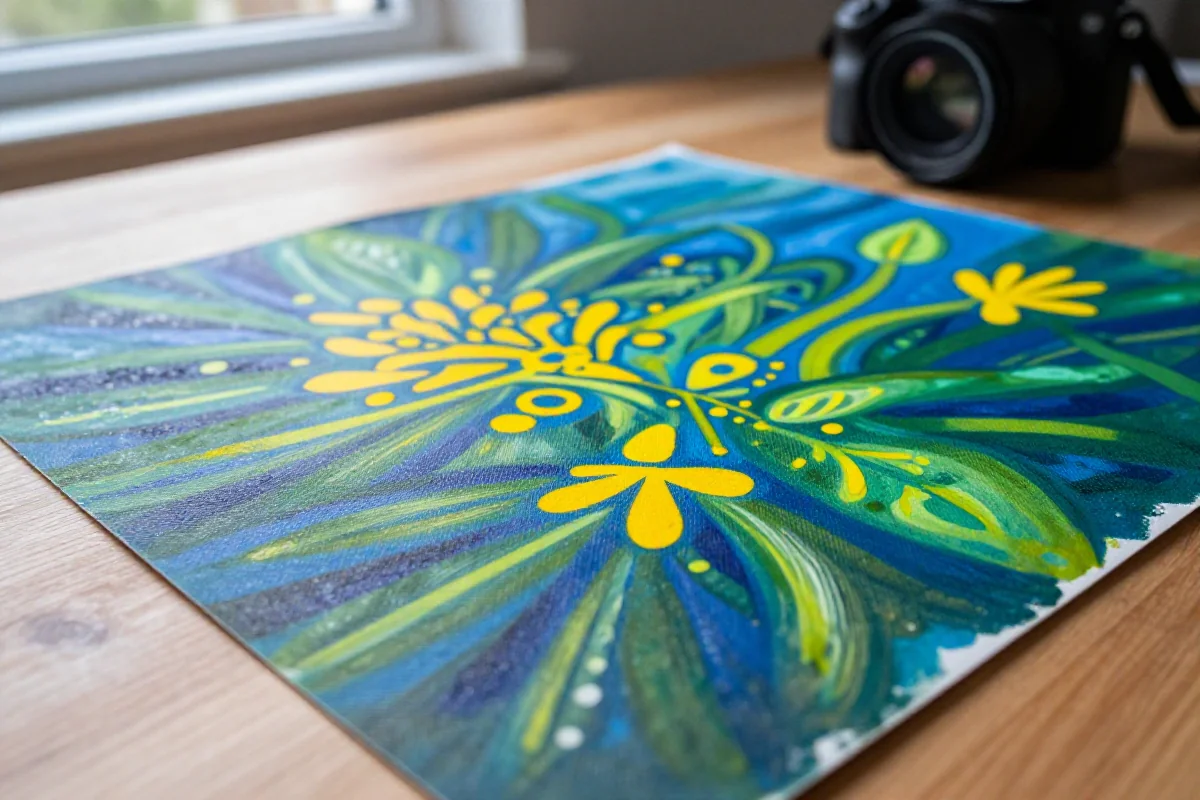 Zbliżenie na malowaną tkaninę z unikatowymi wzorami DIY.