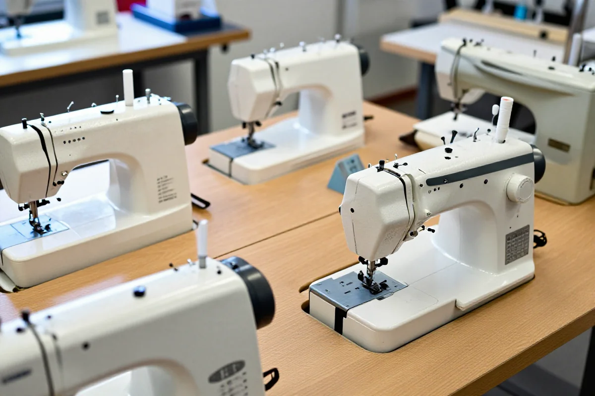 Porównanie różnych modeli maszyn do szycia w dobrze oświetlonym studio krawieckim.