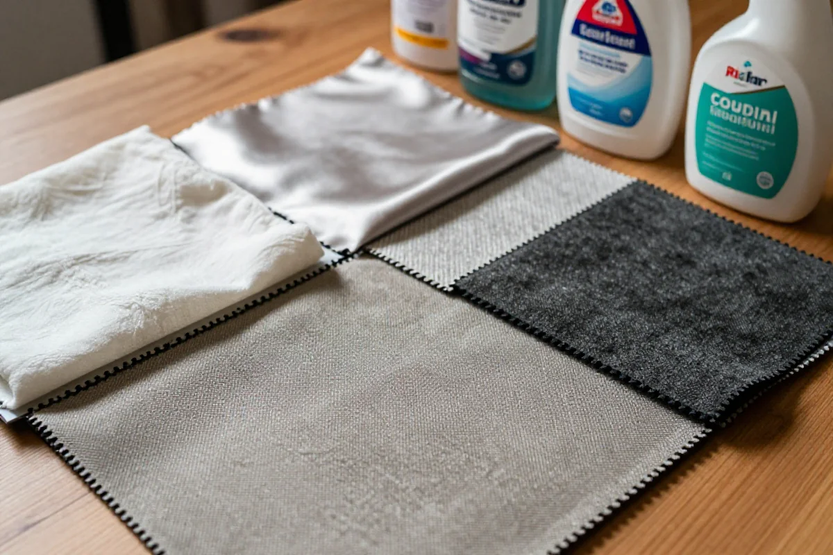 Różne tkaniny i środki czyszczące do usuwania plam na stole.