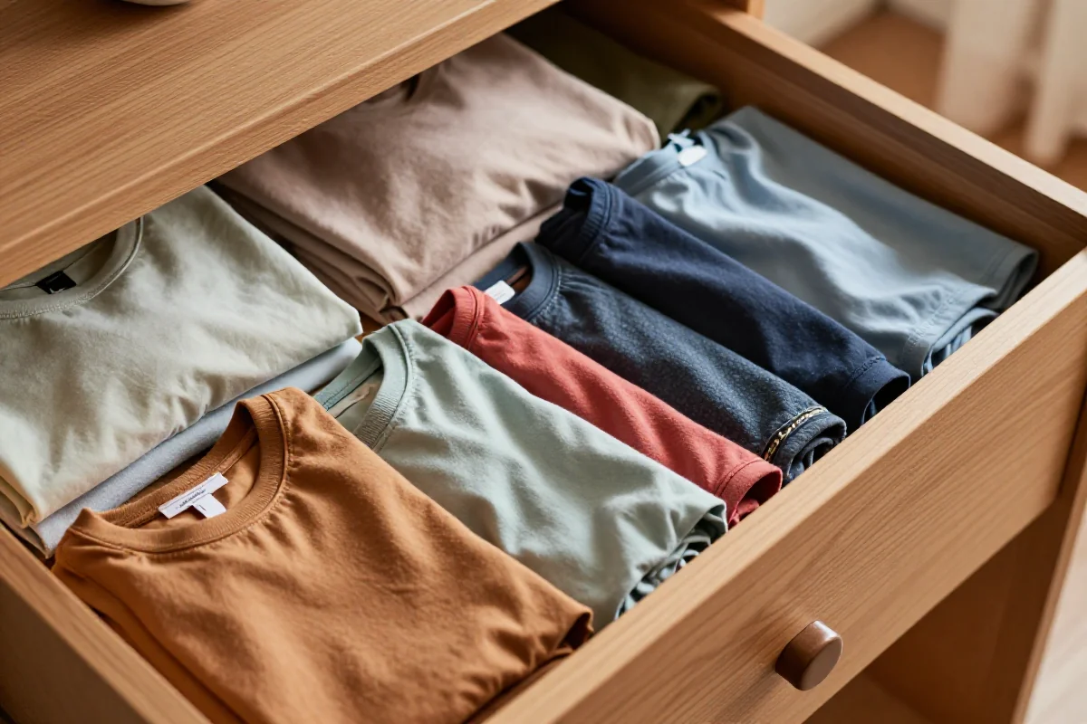 Zorganizowana szuflada z ubraniami, metoda składania KonMari, kolorowe t-shirty.