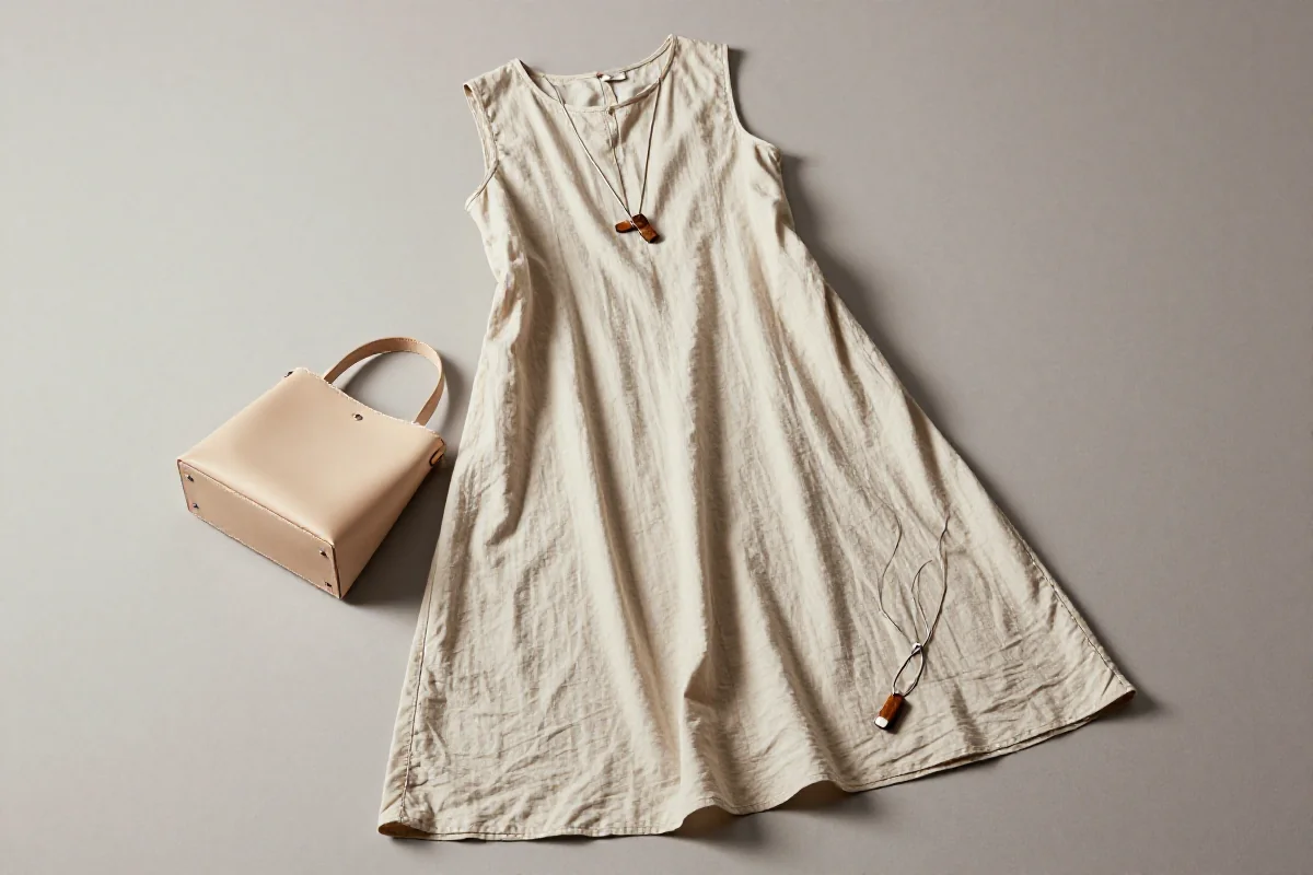 Minimalistyczny Boho styl - prosta sukienka w beżu, geometryczna torebka i biżuteria.