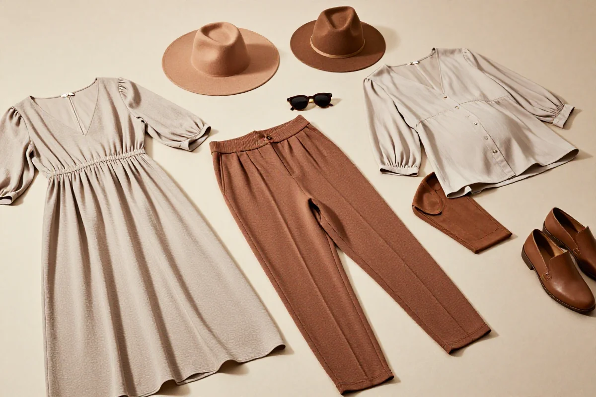 Stylowe ubrania ciążowe na neutralnym tle, modne i wygodne dla przyszłych mam.