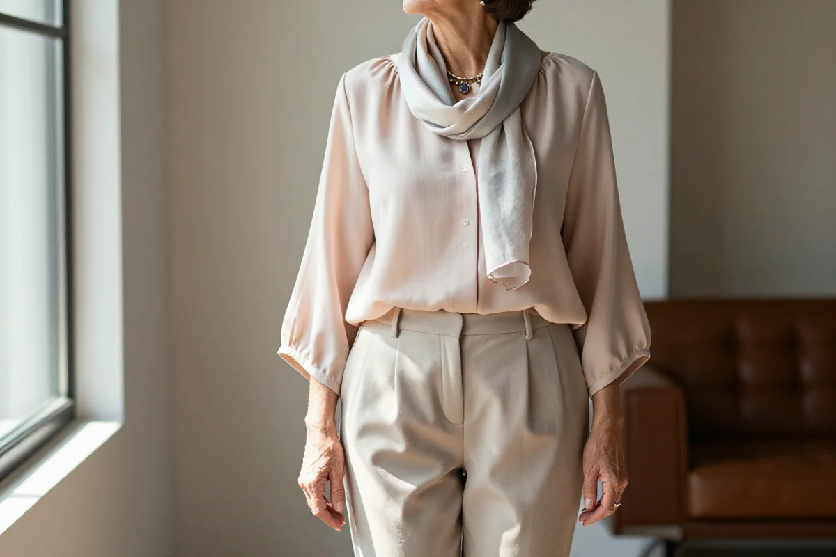 Elegancka stylizacja dla kobiet 60+, z pastelową bluzką i dodatkami.