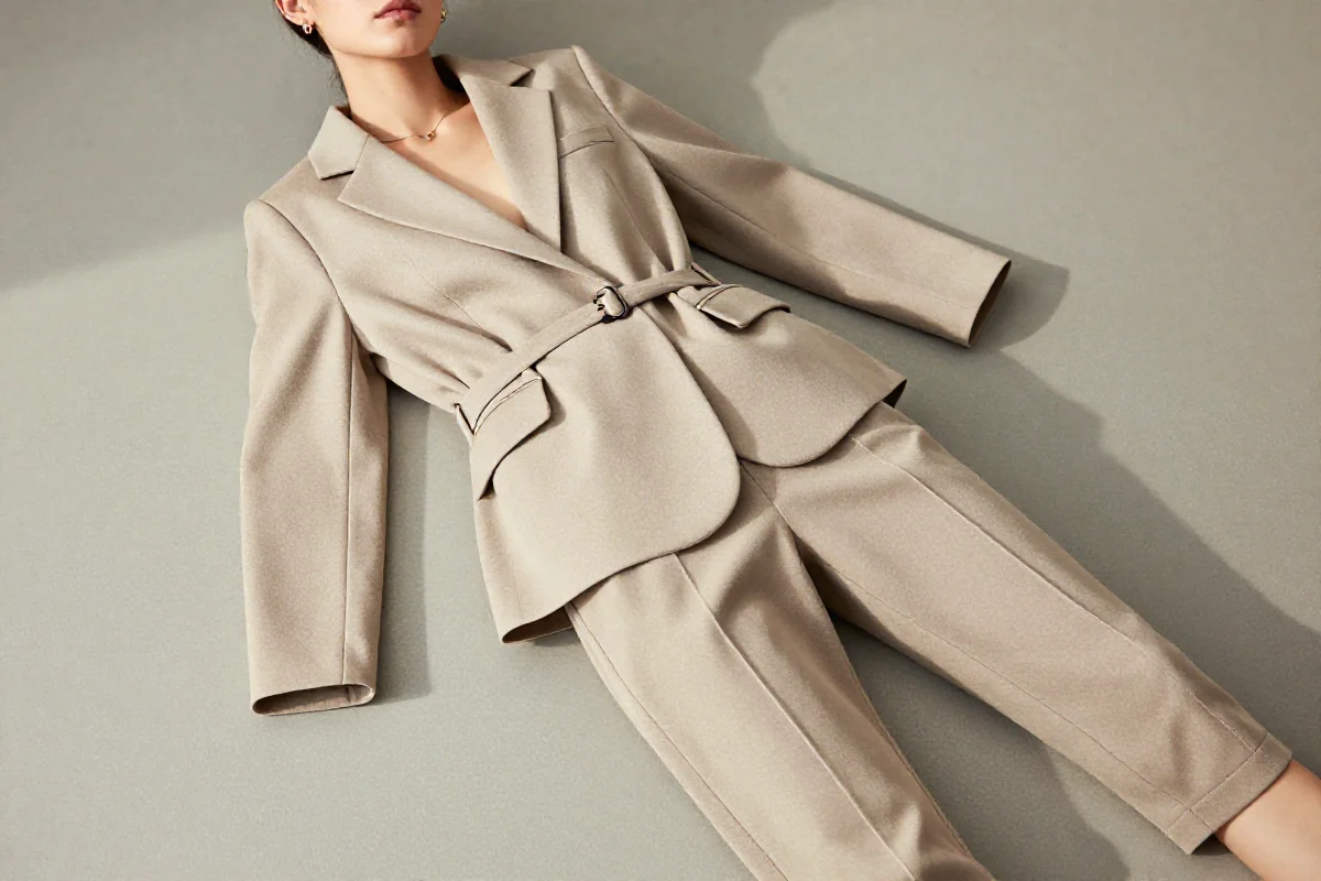 Stylowy strój dla kobiet petite, z dopasowanym żakietem i spodniami.