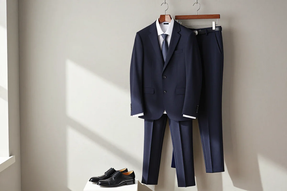 Elegancki strój do pracy z garniturem, koszulą i dodatkami, idealny na spotkania.
