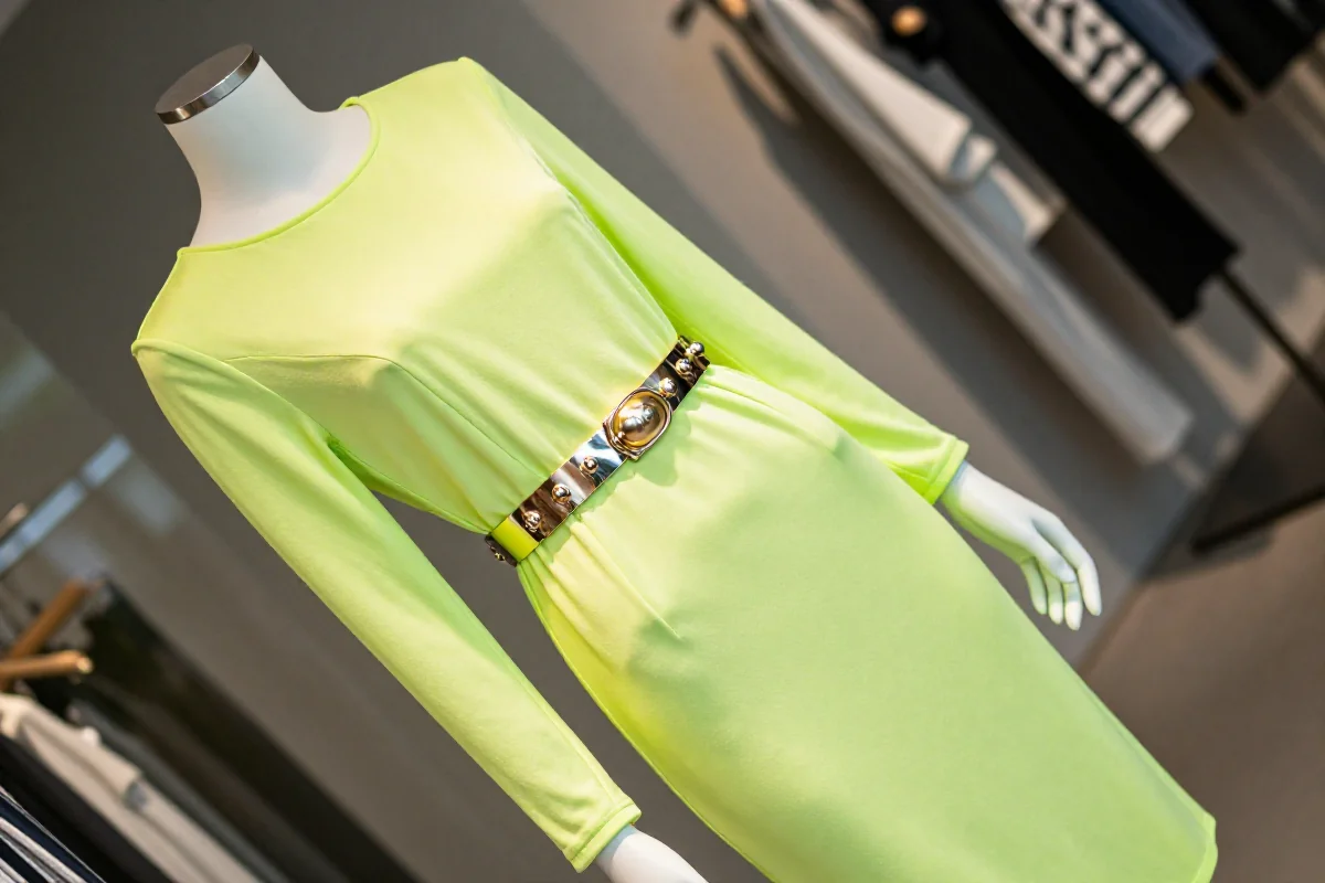 Stylowy strój klubowy z neonową sukienką i metalicznymi dodatkami.