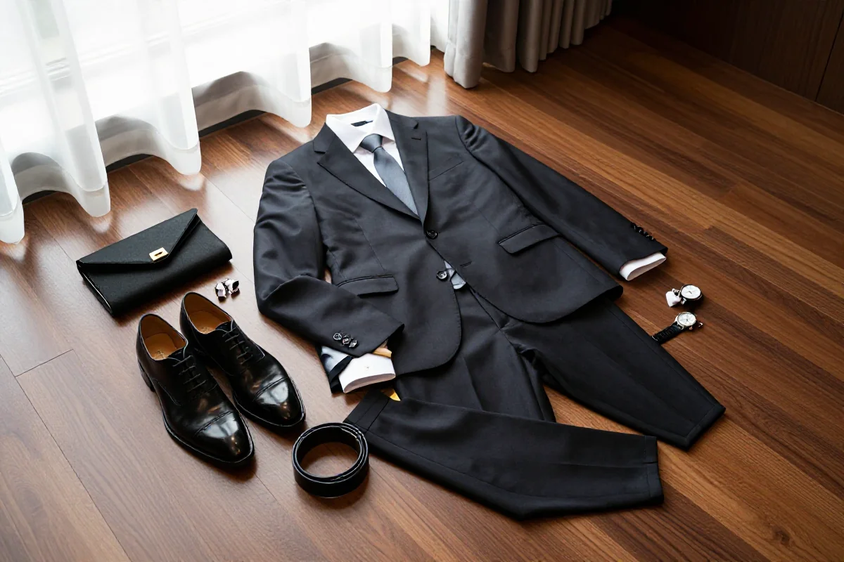 Elegancki strój formalny na uroczystości oficjalne, garnitur, dodatki, wysoka jakość.