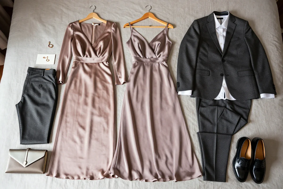 Stylowe stroje gości weselnych na neutralnym tle, eleganckie sukienki i garnitury.