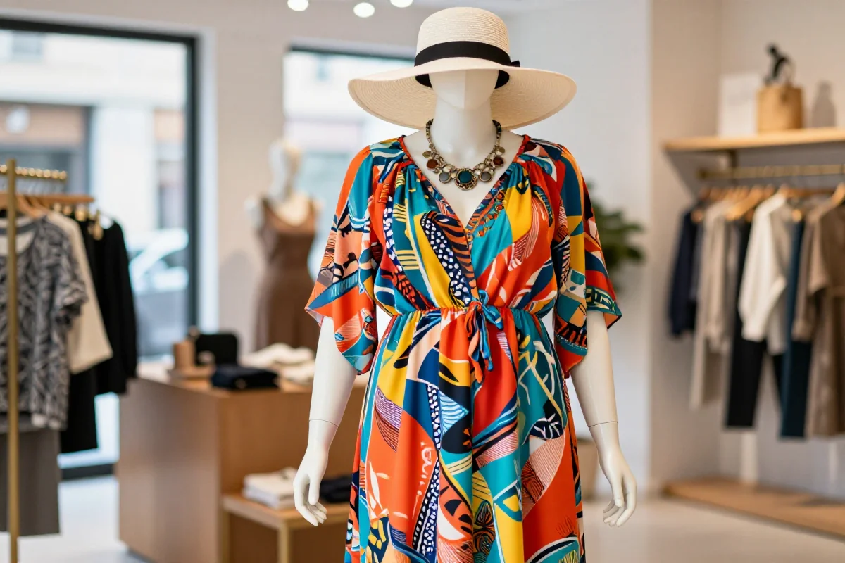 Stylowa sukienka plus size w butiku, promująca modę i pewność siebie.