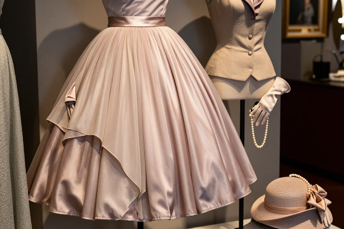 Elegancka moda lat 50-tych: rozkloszowana spódnica i dodatki w stylu vintage.