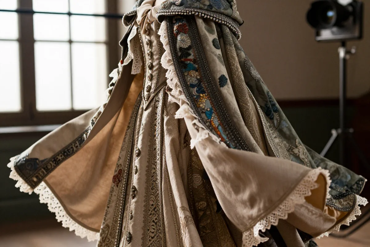 Szczegółowy strój filmowy z początku XX wieku w delikatnym świetle.