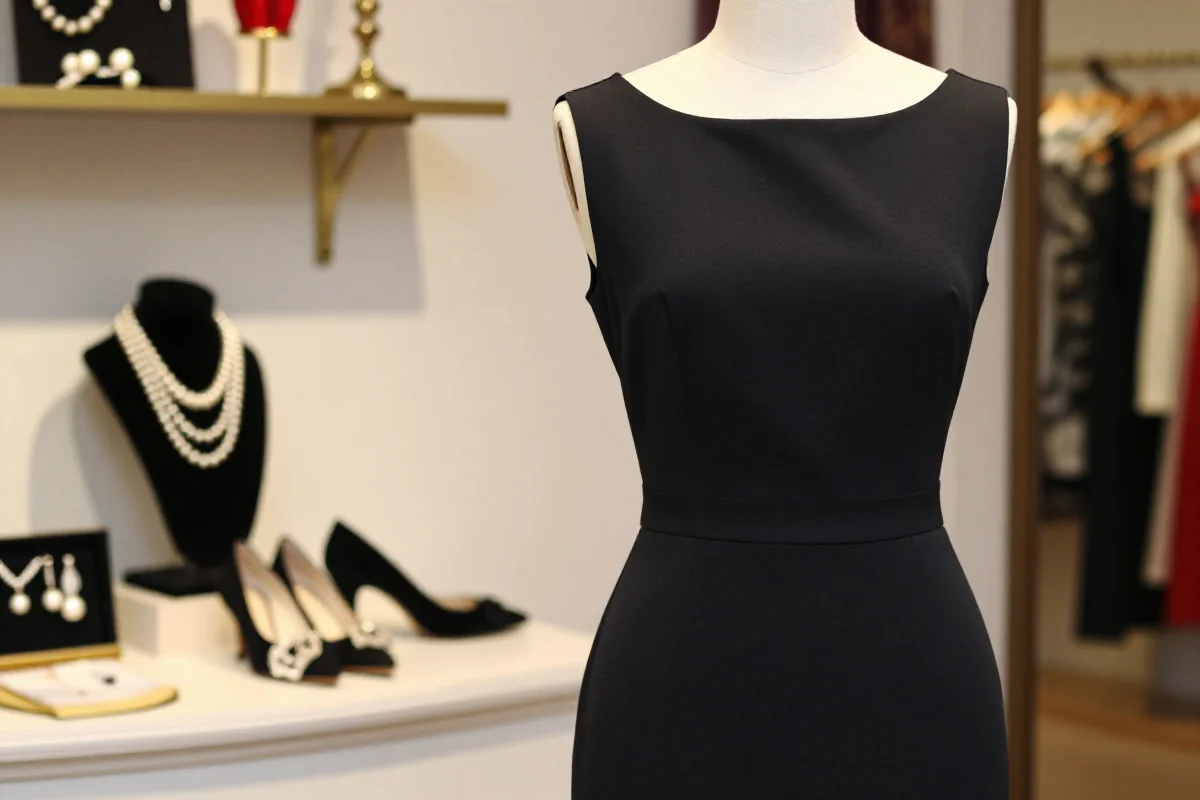 Elegancka czarna sukienka inspirowana kinem, prezentowana w butiku.