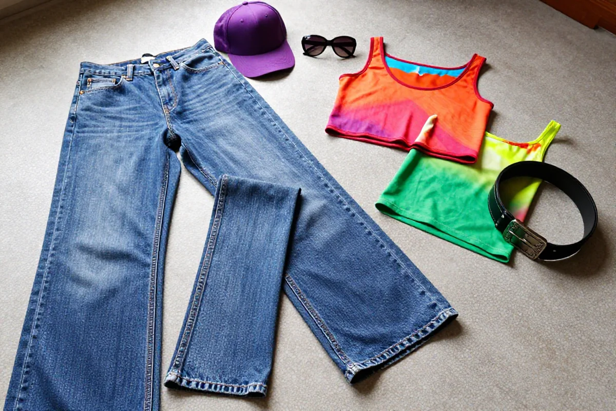 Stylowe akcesoria i ubrania z lat 2000 w eleganckim układzie.