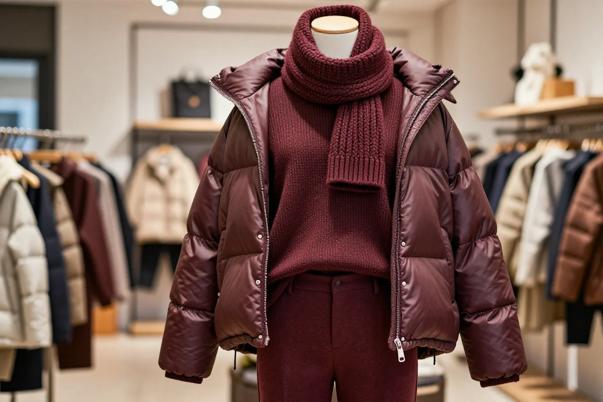 Stylowe ubrania zimowe z wełny i puchu w eleganckim butiku.